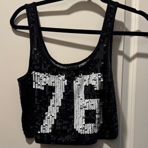 Express Black Sequin Crop Top with White Number 76 Design & Lace back